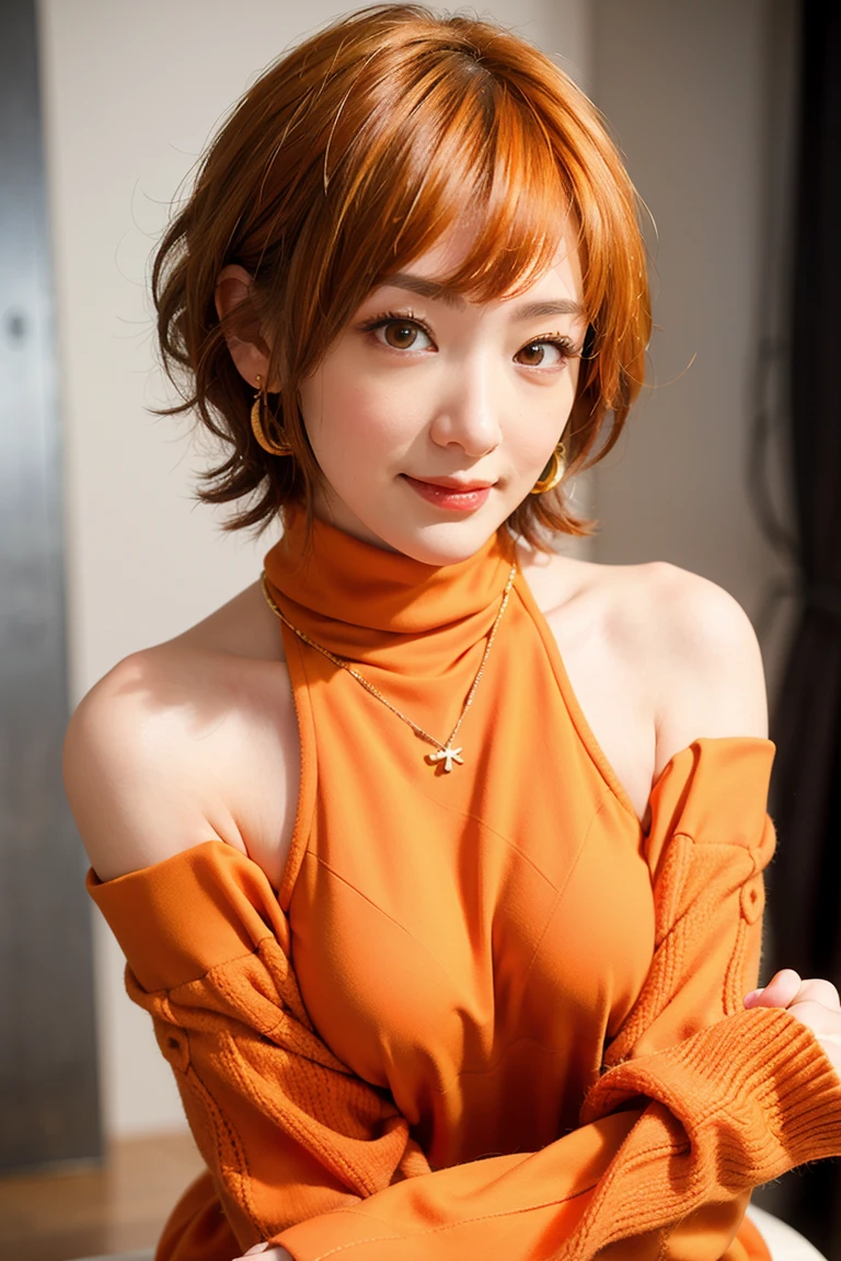 Japanese girl with dyed red hair dressed in brightly colored leopard clothes in a stable with nice breasts and a sexy smile.