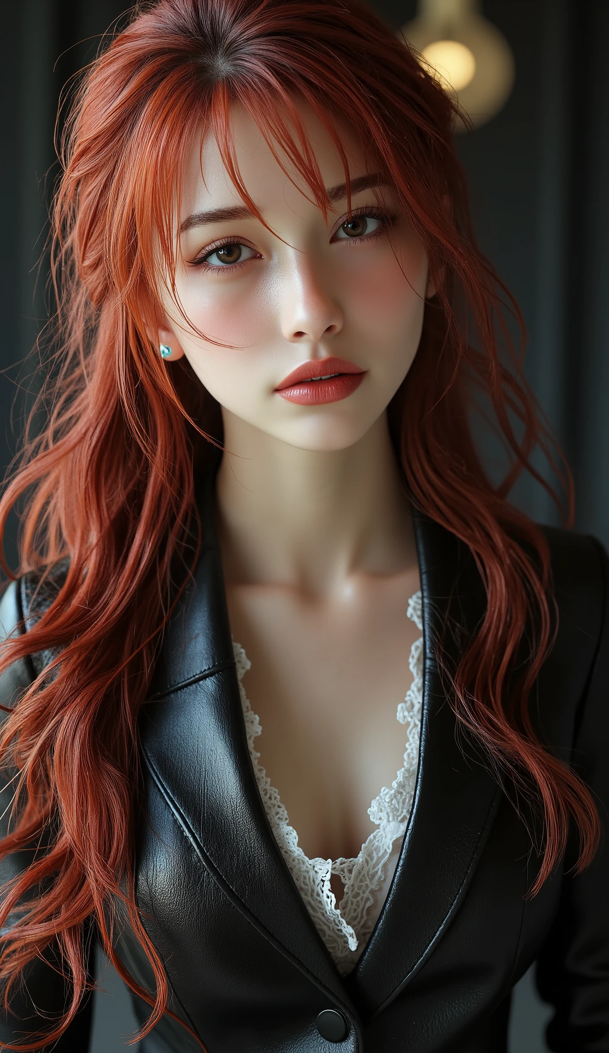 [Style: - "8k, masterpiece, realistic, Photorealistic realism, Hyper high resolution" - "highest quality, intricate ultra-detailed digital art"] (Key Directive: - "The priority is the anatomical accuracy and texture of the materials" - "Ultra-sharp human eyes with biological accuracy") {Character: "a beautiful girl, [Rosé from blackpink((firm and full breasts))]" | Face: "full lips, red lipstick, intense gaze" | Eyes: - "((sharp focus, no blurry eyes, Hyper absurd quality, Hyper details, Hyper realistic brown eyes:1.4))" - "((extra narrow eyebrows))" - "(Carefully draw Long blue_mascara:1.2)" - "(perfect round eyes)" | Hair: "long hair, red hair, curls at the ends of the hair, hair above one eye,((long combed to the side))" | Pose: "elegant pose" Outfit: [Top: "modest office suit {black,elegant,leather}, (shiny accessories)" | laced white undershirt" | (Shoes: "high heels (black leather)"] Environment: "Mt. Fuji tori" Lighting: "studio lighting, monochromatic, striking contrast, dramatic shadows" (Rendering engine: "Unreal Engine 5 path tracing, 16K texture maps") | The ultra-Highres,Unreal 5,Subsurface scattering,PBR Texturing,Post-Processing,Anisotropic Filtering,depth of fields,Maximum Sharpness and Sharpness,multi-layered texture,Albedo and Specular maps,Surface Shading,Precise simulation of light-material interactions,perfectly proportions,Octane rendering,Two-tone illumination,Wide Aperture, low ISO, white balance, The rule of thirds