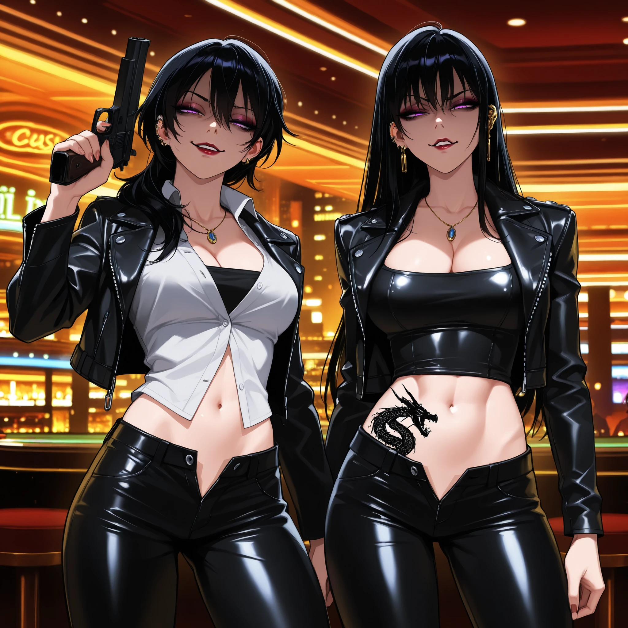 2girl, two girls, open mouth, makeup,
, jewelry, necklace, jewelry, gold trim,
parted lips, serious, half-closed eyes, ear piercing, long hair, , lipstick, Hot girl, baddie, , sensual, attractive, bar background, inside bar,indoors, cityscape, casino, nightclub, city lights, masterpiece, best quality, highly detailed, a girls with a gun, evil smile , open mouth, sexy gaze, badass
pose , evil smile, smile, (nsfw) not safe for work, guns blazing, anime girl with long hair, beautiful long
haired girl, navel, evil expression, exposed belly, exposed navel, exposed midriff, exposed lower belly,
long black pants, cleavage, unbuttoned leather pants ,open fly, low rise black leather pants,
leather jacket, holding a gun, holding pistol, , ,unbuttoned shirt, collared
shirt, knot, , dragon tattoo, narrowed eyes, tattoo midriff , , smirk, medium large breast