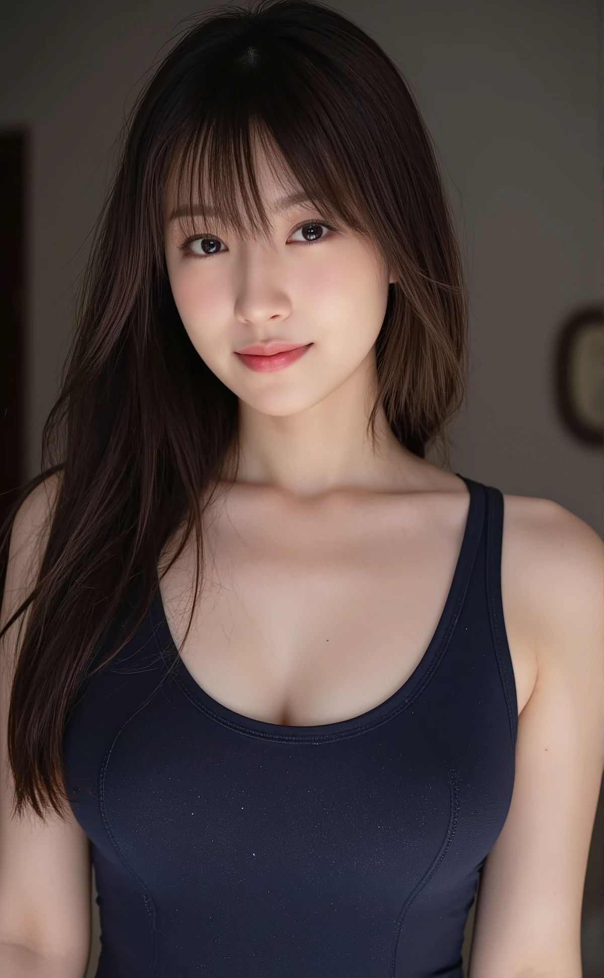 (mature adult woman wearing a leotard1By people),beautiful black hair,super straight hair,With bangs,((Fluttering Hair)), realistic person images in dark waters,Realism,Best Quality,mastepeice,Best Quality,best image quality,highest resolution,fine details,Beautiful detailed face,black eyes,((realistic skin)),detailed background,( Exact Upper Body),(perfect upper body),(((upper body))),((Realismのある肌)),(smiles),(((super big ))),(((((Wear jeans))))),(((((wear a tank top))))),((( standing))),(((((Large breasts)))),((((Wear)))),((((In a dark alley)))),