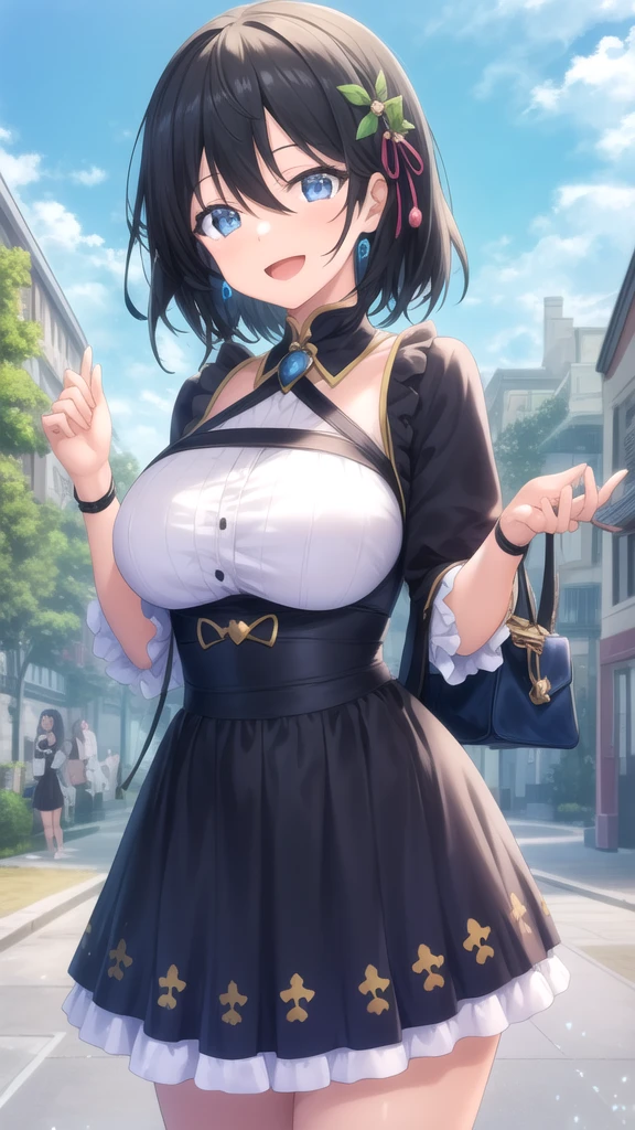 1girl, natural lighting, masterpiece, highly detailed, illustration, game CG, absurdres, high quality, aichan, large breasts, blue eyes, beautiful detailed eyes, short brown hair, side braid, city street, collarbone, waistcoat, miniskirt, thigh highs, sleeveless, neck ribbon, cleavage