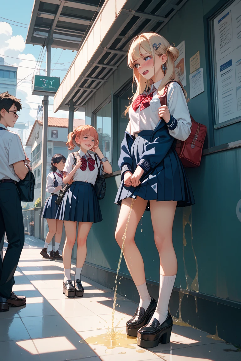 cinematic composition, cinematic light, anatomically correct, masterpiece, highest quality, 15 year old girl、blonde、school uniform、sneakers、((In town、walking、Eating popsicles、popsicles in mouth、blue sky, whole body)), (long tongue, wet hair, sunlight)