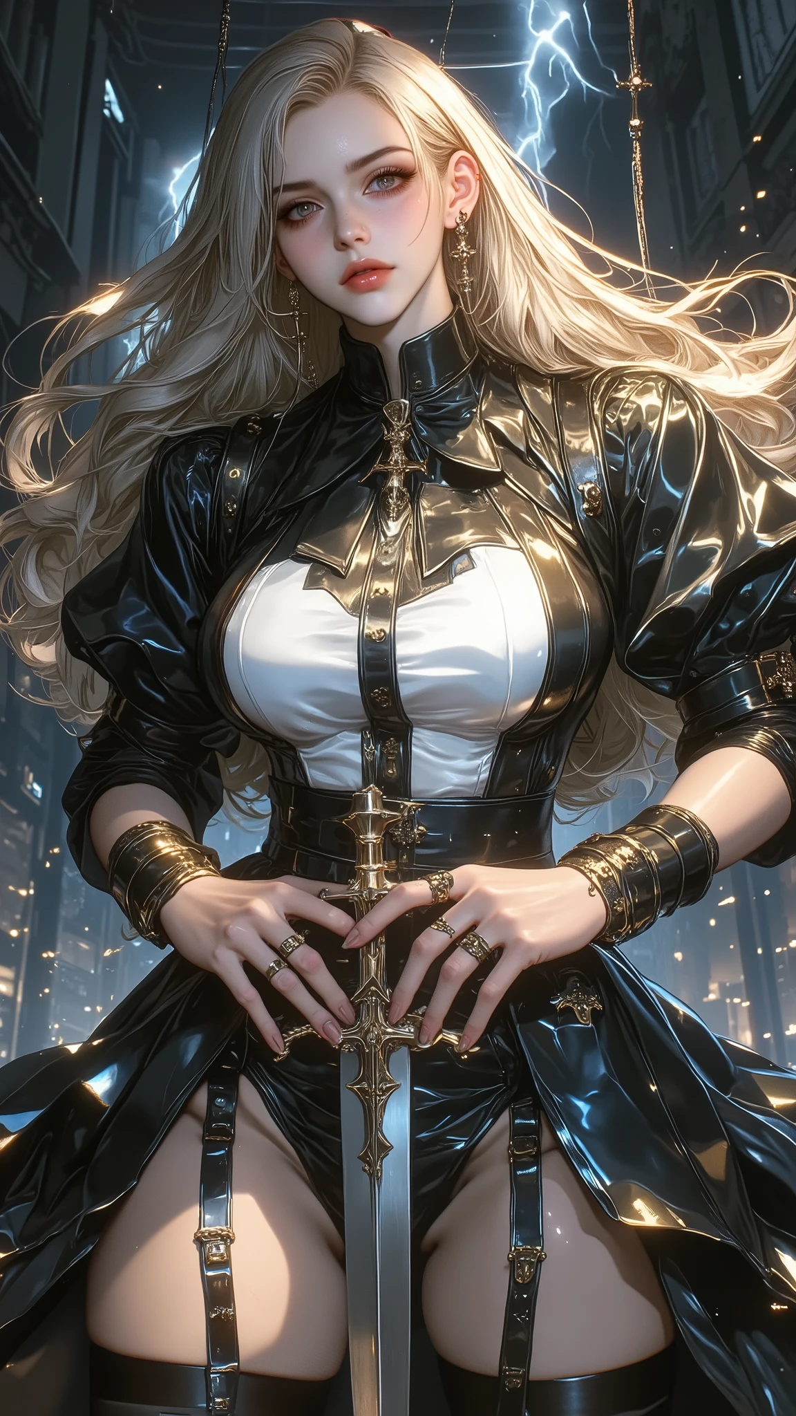 masterpiece, High resolution, Highest quality, Absurd, formal, Face Focus, Perfect Face, Upper Body (Bodycon, Micro Dress) (One girl:1.2) (alone) Long Hair, Blonde, Drill Hair, Brown eyes (Hair Ribbon) White boots (Highly wrinkled, shiny clothing that reflects light:1.2) latex, Fits perfectly against the skin, Glowing Skin, Cleavage, belly button, Golden, necklace, Attractive perfect female proportions, Captivating smile, blush, venue