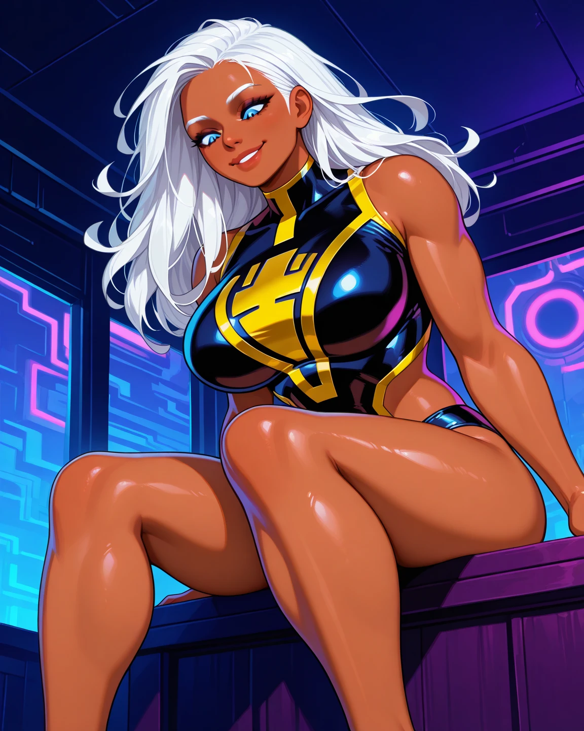 solo, 50-year-old woman, indian ifbb bimbo, (bathing in liquid gold), white hair, dark skinned, sheer skirt, thick lips, shiny skin, night, ruined cyberpalace