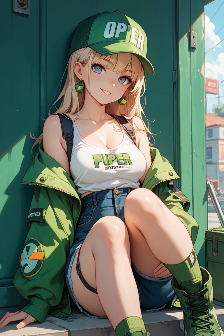 Beautiful woman、White cotton sweatshirt、Parachute pantedium hair、Earrings、Blonde、on the train、、slender、low length、Black innerwear、Her belly button is just a little visible.Green logo sweatshirt