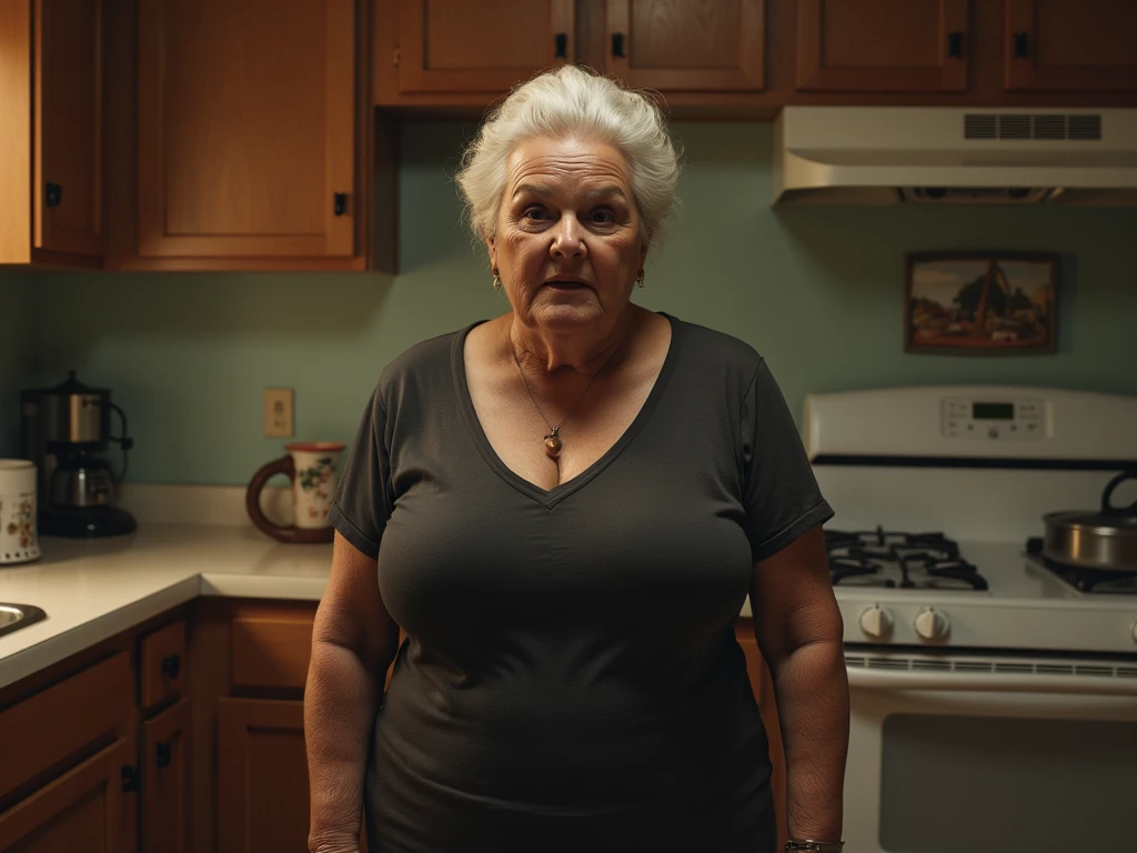 An elderly woman aged 65, with an easy, suffering expression and strong features, with a big nose, thick eyebrow, weighing 55 kilos, 167 centimeters tall, thick legs and very large, saggy breasts, with a vagina with short, gray hair, with long black hair. she is naked, wearing prescription glasses and wearing flip flops. She is seen standing and full body, with your hands resting on a table and looking slightly upwards. In a humble kitchen at night and with little light.