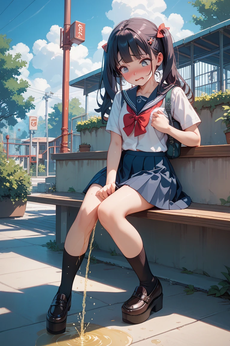 Young girl with black hair, long twintail, twintail hairstyle, (blue eyes), ((small bushy eyebrows)) wearing gothic lolita clothing, lolicon , walking to school, flirty smile,, walking to school, bored look, bored face,, (sitting with legs open lifting her skirt to show her vagina wet with semen),
