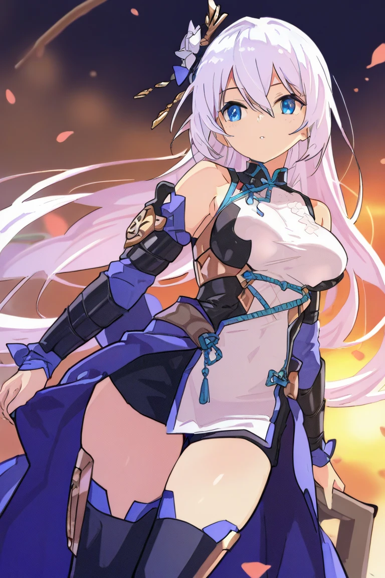 (masterpiece, Highest quality: 1.5) , , Dynamic pose, 1 beautiful girl(Grasp the sword:1.3), Alone wearing a Japanese kimono, Silver Hair, (Blue too :1.3), Off the shoulder, Long Hair, Wavy Hair, (Middle school students:1.2), Medium chest, Standard weight, (anger), Beautiful view of cherry blossoms, Amazing panoramic views, SakuraFubuki:1.2