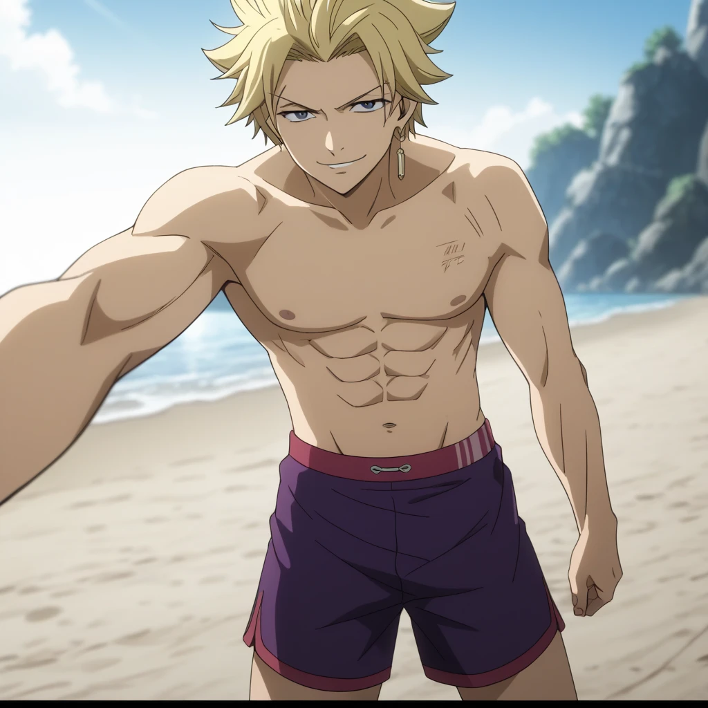 masterpiece,high quality,solo,
<lora:johnnyridden001:0.7>,smile,
johnnyridden,1man,
short hair,blonde hair,green eyes,
shirtless,short pants,beach,hand up,standing,