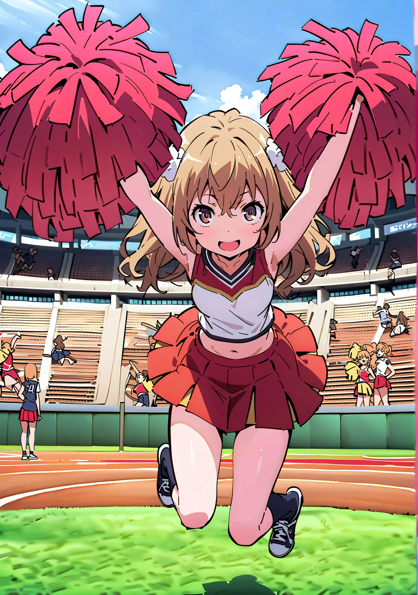 TaigaAisaka, Aisaka Taiga, solo,long hair, brown hair, long hair,brown eyes,Glowing Skin,smile,cover,opens her mouth, small ,(Cheerleading), (full body), on chest, (I sweated), I sweated Wet Clothes, (Red clothing),sleeveless, red pleated skirt,black socks,sneakers with a ladyback letter,belly button stick, playground, (jump), (jump), 足を曲げてjumpする,blue sky, Compa, smile,cheerleader, Pom-pom \(Cheerleading\) real hair ornaments,angle from below,audience,full bodyがイラストに入るように,break outdoors,Stadium,
break looking at viewer,full body,
break (masterpiece:1.2),Best Quality ,Kampala,unity 8k 壁紙,(shape:0.8),( fine and beautiful eyes :1.6),It's a person ,full body写真,CG Details , (perfect hand,complete anatomy),