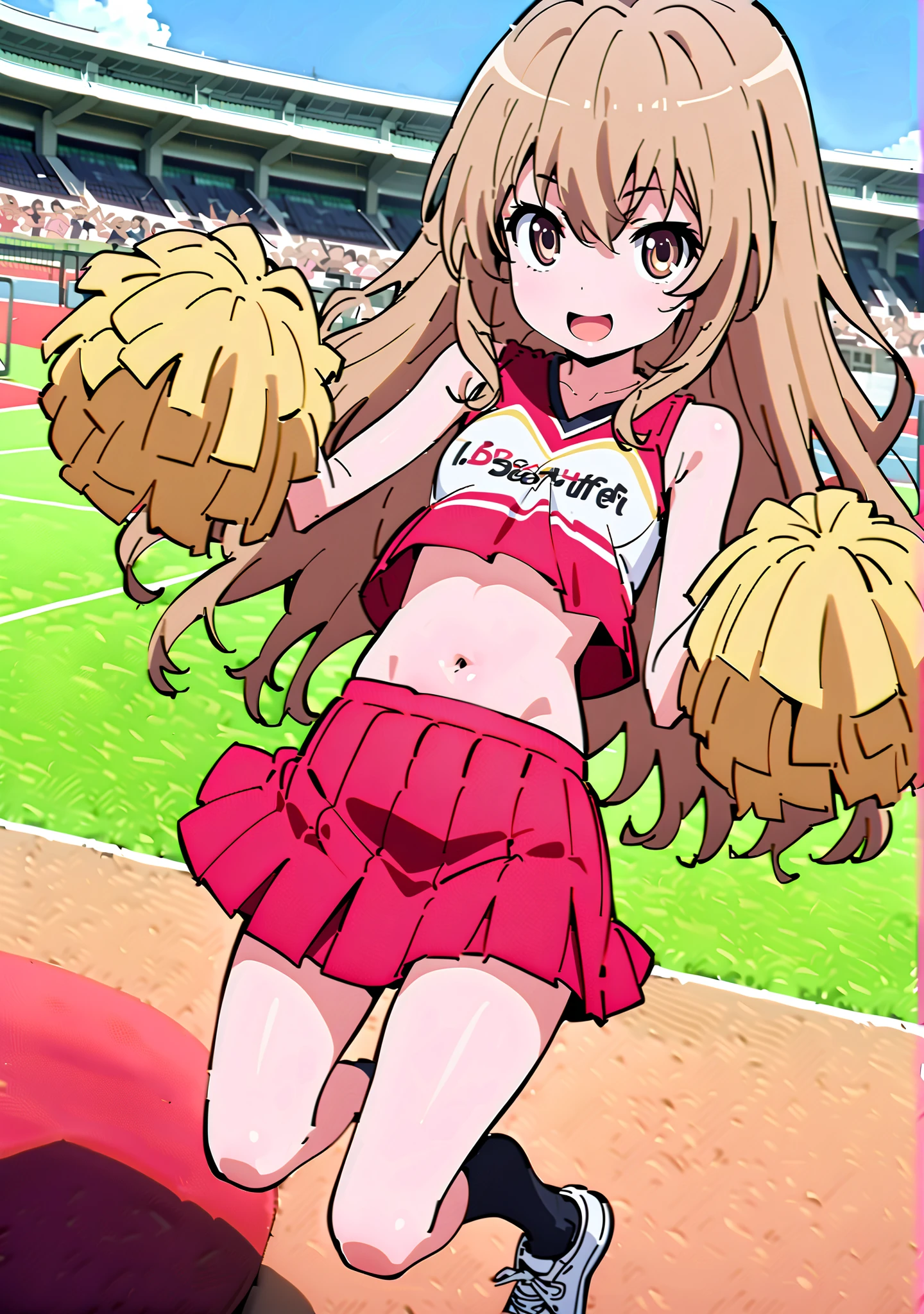 TaigaAisaka, Aisaka Taiga, solo,long hair, brown hair, long hair,brown eyes,Glowing Skin,smile,cover,opens her mouth, small ,(Cheerleading), (full body), on chest, (I sweated), I sweated Wet Clothes, (Red clothing),sleeveless, red pleated skirt,black socks,sneakers with a ladyback letter,belly button stick, playground, (jump), (jump), 足を曲げてjumpする,blue sky, Compa, smile,cheerleader, Pom-pom \(Cheerleading\) real hair ornaments,angle from below,audience,full bodyがイラストに入るように,break outdoors,Stadium,
break looking at viewer,full body,
break (masterpiece:1.2),Best Quality ,Kampala,unity 8k 壁紙,(shape:0.8),( fine and beautiful eyes :1.6),It's a person ,full body写真,CG Details , (perfect hand,complete anatomy),