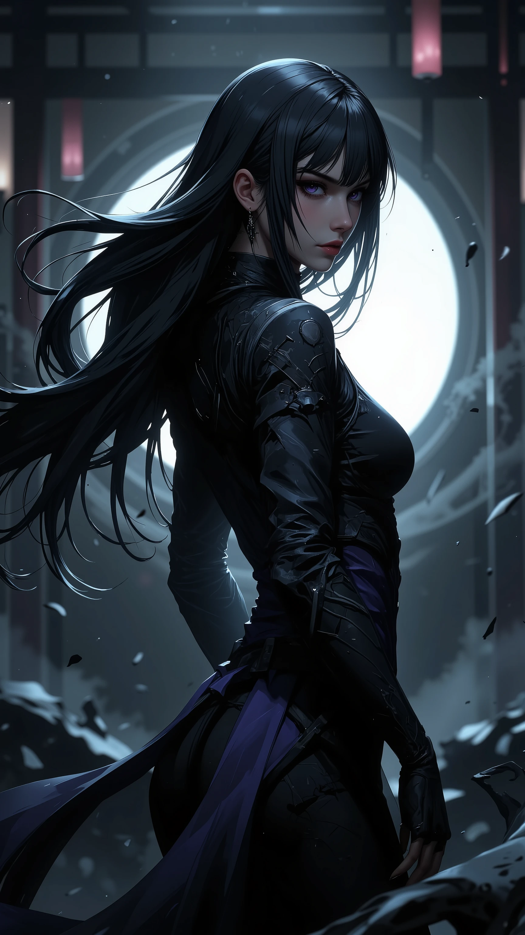 ((Best Quality)),( super high definition),(Super detailed),( detailed description ),((The best CG)),(masterpiece),(kagero, 1girl,long hair, black hair, hair over one eye, purple eyes, medium breasts ,shinobi-costume, style,Loincloth ),illustration,(full body shot:1.5),(from back angle :1.5)
shinobi,
cinematic art style,
ninja style