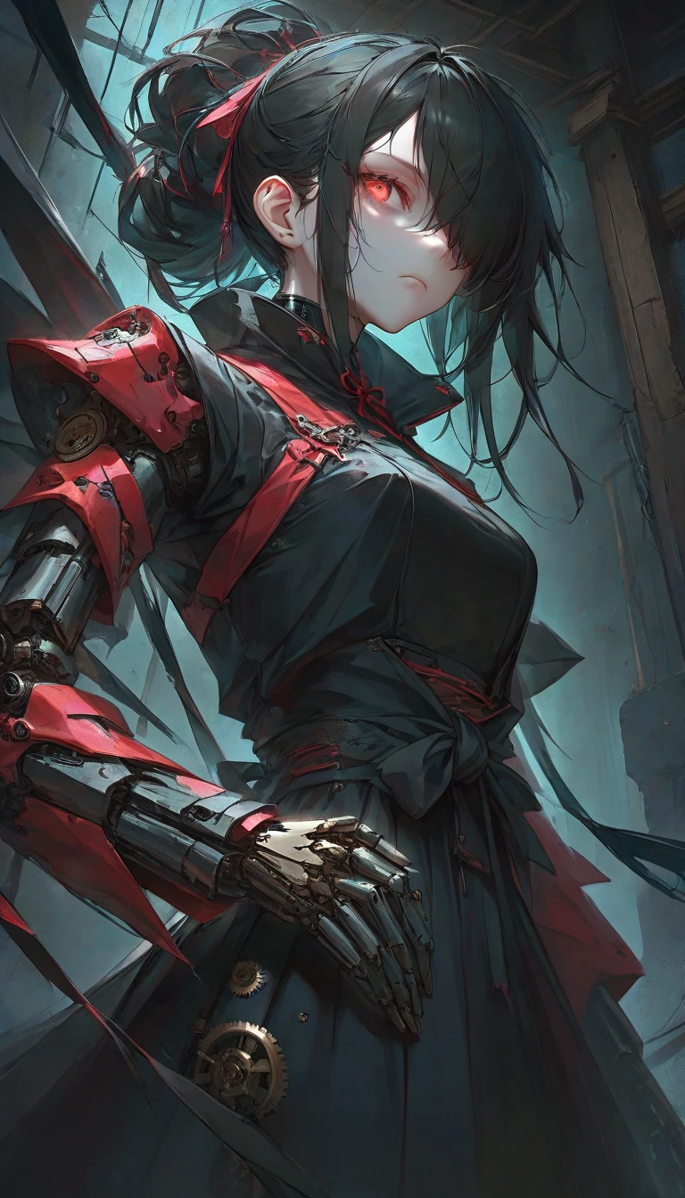 masterpiece, best quality, 8k, digital painting, 1girl, solo, standing, young adult, black hair, ponytail, hair accessory, yellow eyes, circular pupil, emotionless expression, bloodstains, red and black samurai armor, wires, cables, glitch effect, horror, sci-fi, futuristic, dark background, neon lights, cyberpunk, surreal, eerie, unsettling, creepy, horror.