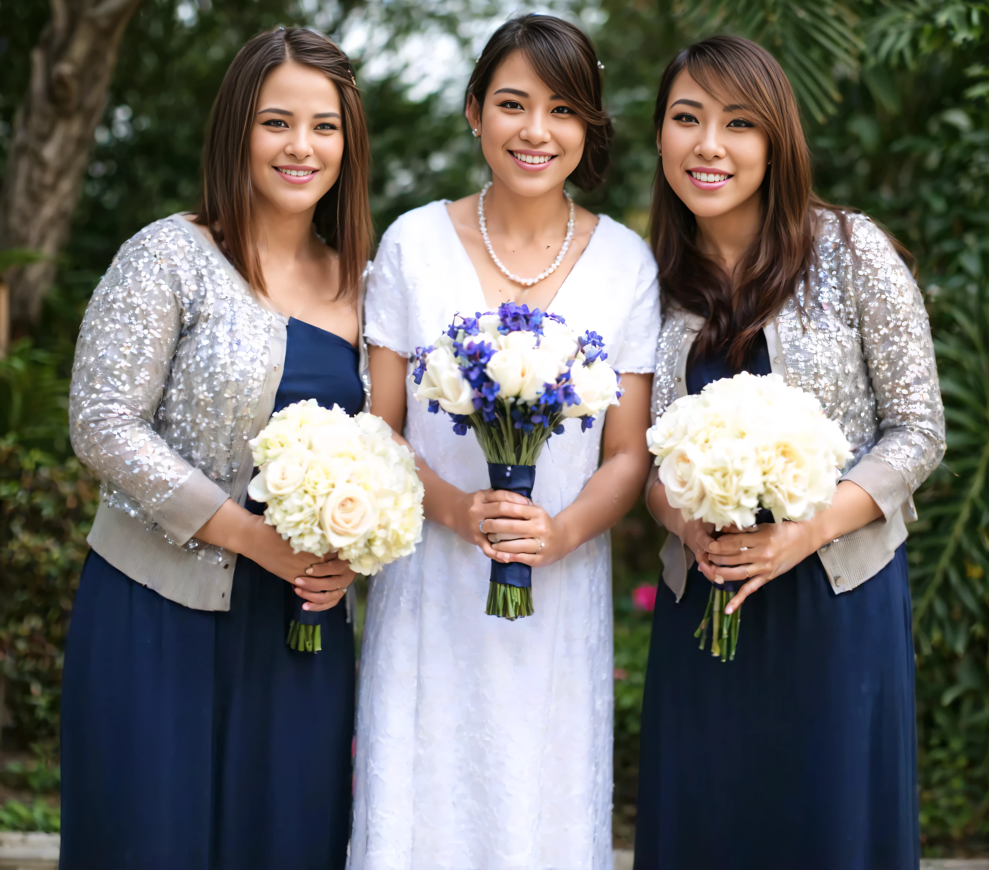 three young women in dresses holding bouquets of white and blue flowers, dark blue and white robes, ((PERFECT DETAILED FACIAL FEATURES)), ((PERFECT EXPOSED BARE NSFW YOUNG BODY)), captivating and enticing , (Detailed perfect facial details), (((ultra detailed skin, Lifelike, 4k hd, DSLR, lifelike, masterpiece, natural lifelike perfect color, perfect clear lighting, breathtaking lifelike details, perfect anatomy, super detailed skin, beautiful face ultra-detailed hyper detailed face、Detailed lips、A detailed eyes, (realistic, photorealistic, photo-realistic:1.37) (Realistic), (RAW Photography), ((best quality)), (Detailed perfect facial details), ((((hyper real photo, hyperrealistic, hyperrealistic picture)) , perfect anatomy, super detailed skin, (((ultra detailed skin, Lifelike, 4k hd, DSLR, lifelike, masterpiece, natural lifelike perfect color, perfect clear lighting, breathtaking lifelike details, smiling and excited, wedding portrait posing