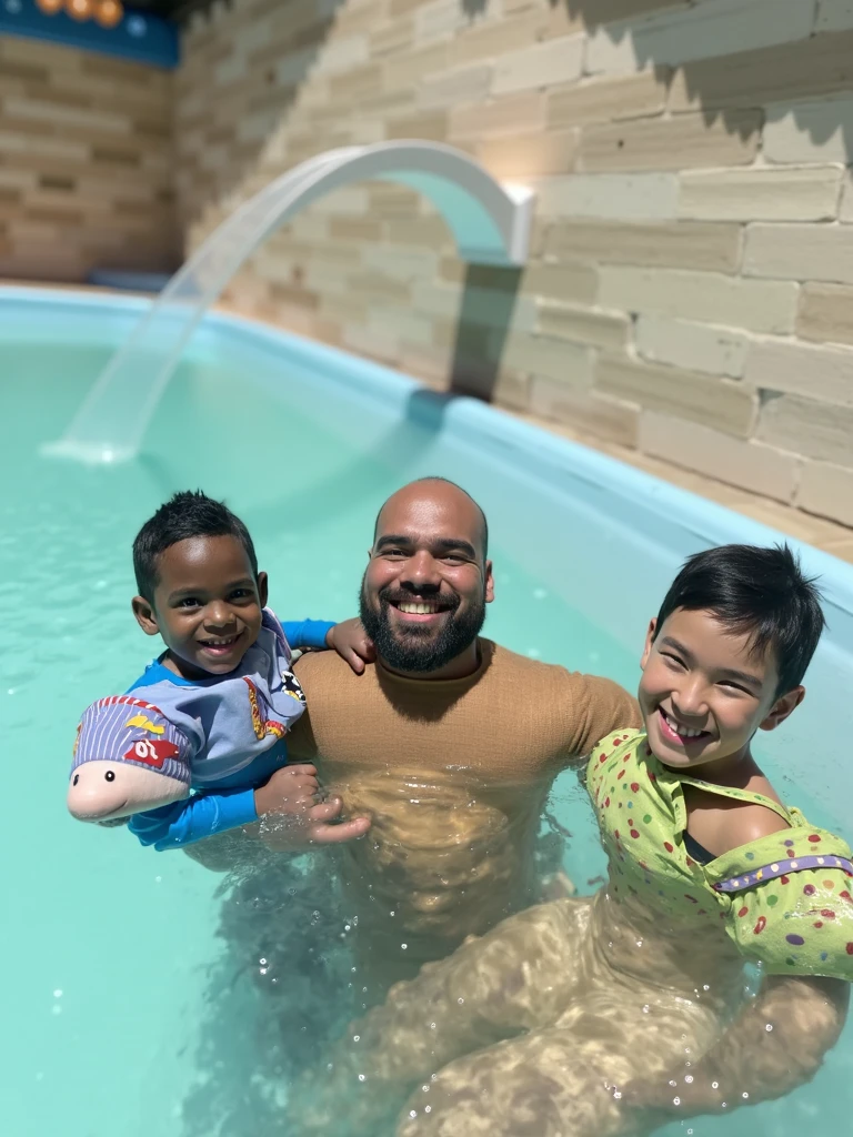generate a photo of a black man with his beautiful half cast family of wife and brown kids swimming at their pool at the backyard of their home big two house