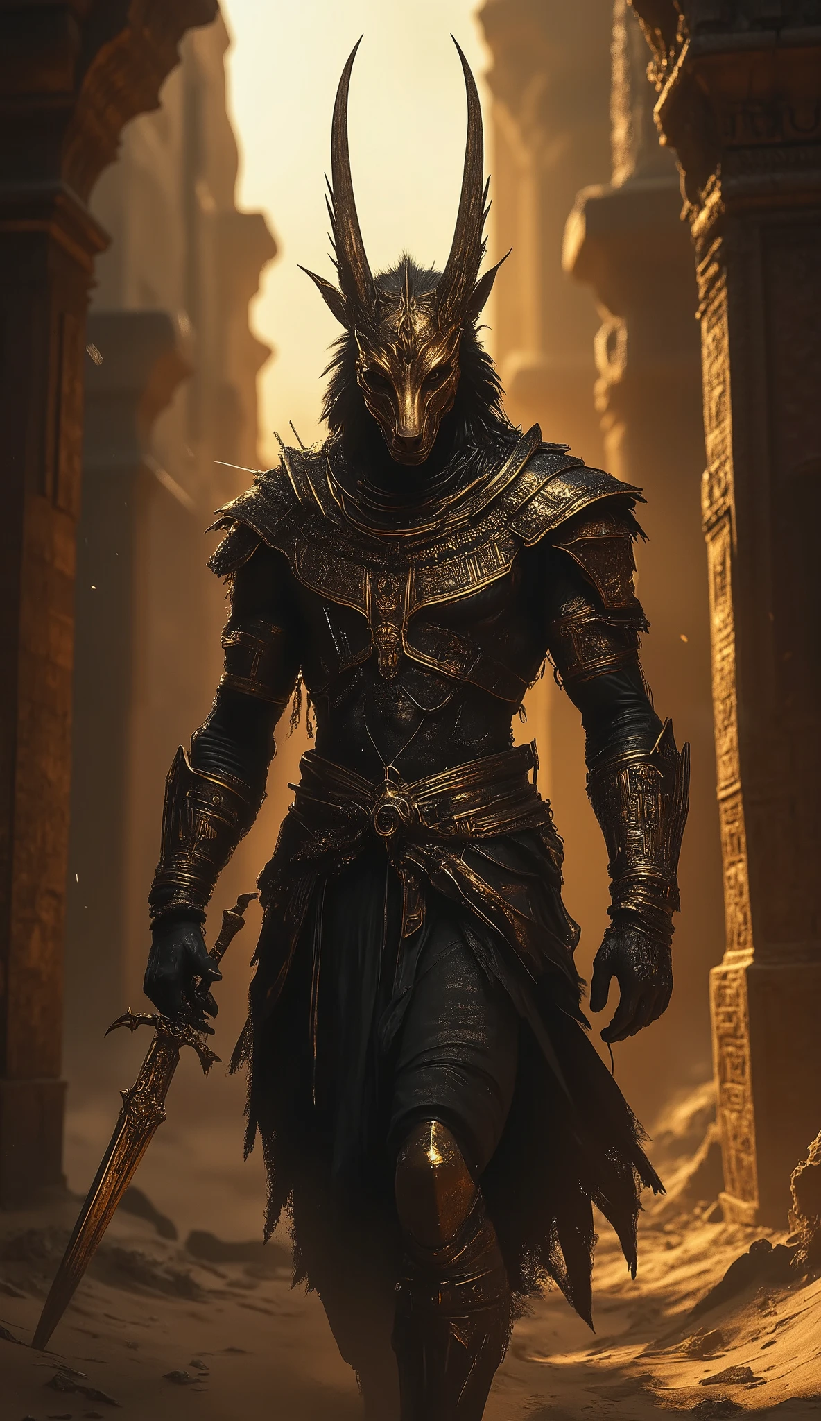 Egyptian Dark Warrior (Capricorn)**
*"An ultra-realistic 8K depiction of an Anubis-inspired warrior stalking through ancient Egyptian ruins at dusk. His jackal helmet gleams under the dying sun, and his khopesh sword is etched with forbidden hieroglyphs. Sand swirls around his feet as shadows stretch unnaturally."*