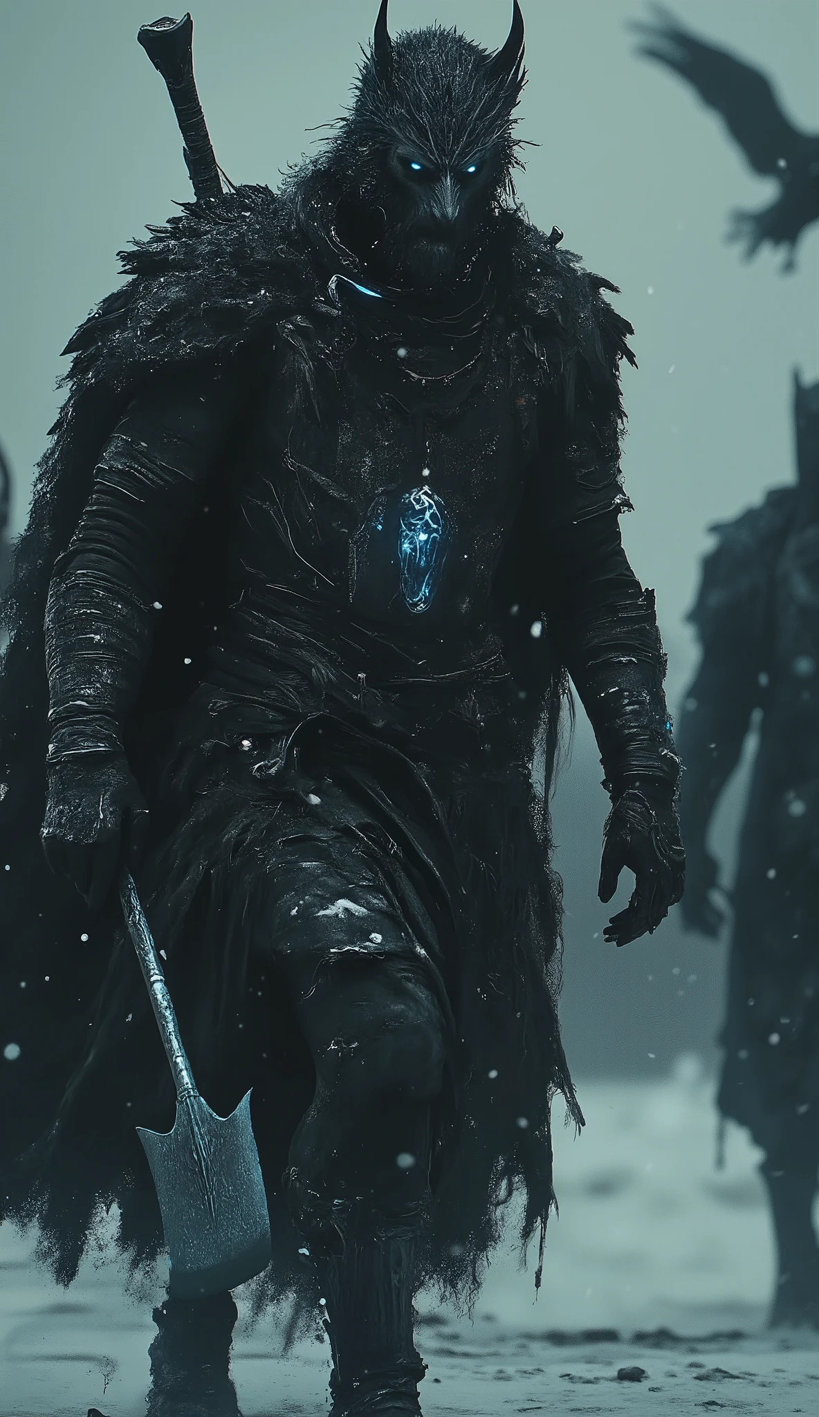 Norse Dark Warrior (Scorpio)**
*"A highly detailed, hyper-realistic Viking berserker clad in darkened wolf pelts, walking through a frozen Nordic battlefield. His axe emits an eerie blue glow, and his piercing Scorpio-intensity eyes burn with vengeance. Snowflakes cling to his beard as ravens circle above."*