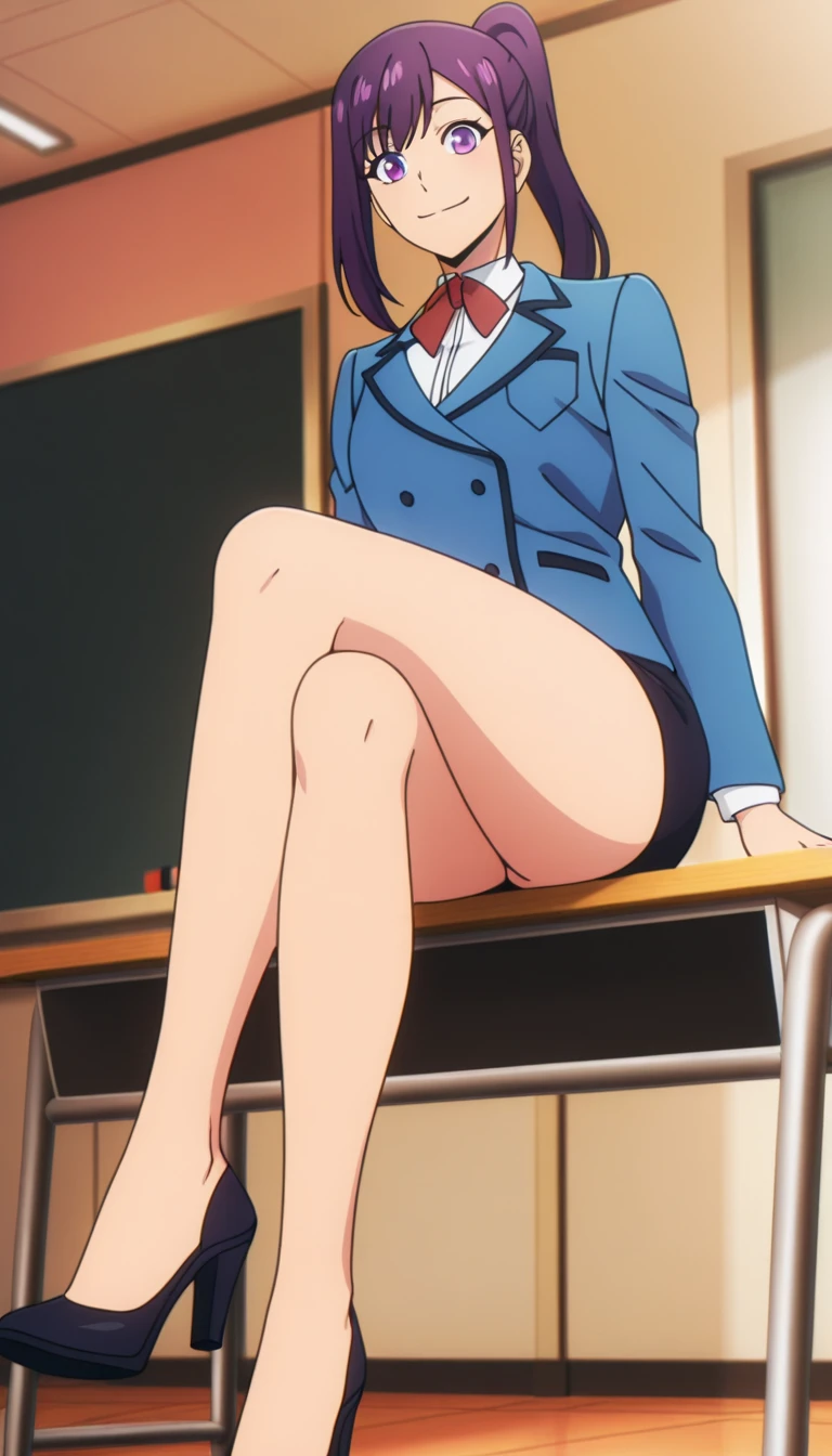 tg, Girl, alone, portrait, Viewers look at, smile, Pink Blazer, necktie, Blue miniskirt, perfect quality, good quality, masterpiece, HDR, uhd, spread legs,big boobs, sitting, Feet, five toes, five fingers, best quality, white stockings, platform pumps High Heels