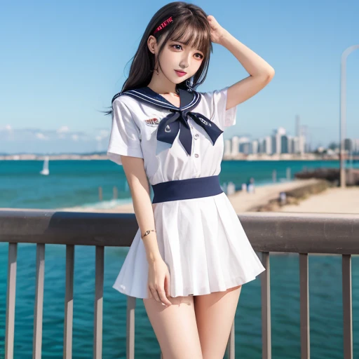 (See-through:),white serafuku,Sailor Dress, White Theme,, セーラーSwimwear, View your audience, Insanity, Disheveled long hair, Beautiful details,Hair shines,elevation,Blue sailor collar, Firm and small breasts,A light smile,partially underwater...、Fluttering hem、anime、anime風、See-through、Swimwear