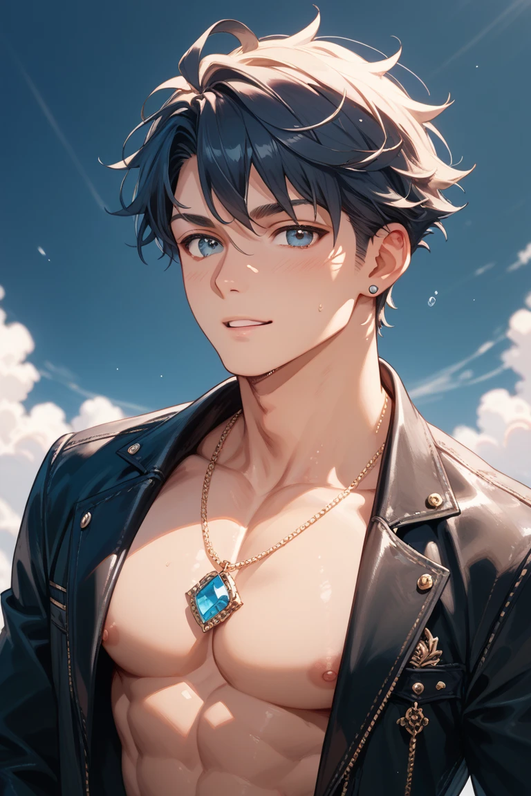Hombre alto ojos azules sin camisa cabello corte porte militar