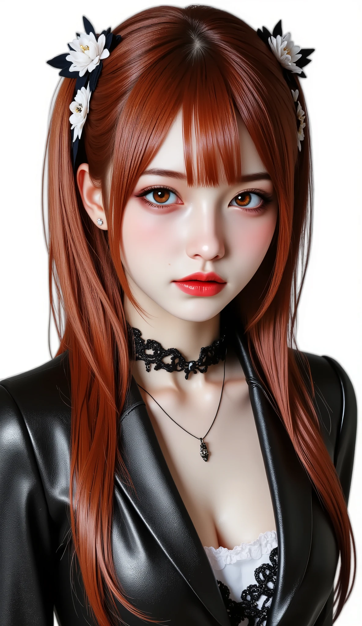 [Style: - "8k, masterpiece, realistic, Photorealistic realism, Hyper high resolution" - "highest quality, intricate ultra-detailed digital art"] (Key Directive: - "The priority is the anatomical accuracy and texture of the materials" - "Ultra-sharp human eyes with biological accuracy") {Character: "a beautiful girl, [Rosé from blackpink((firm and full breasts))]" | Face: "full lips, red lipstick, intense gaze" | Eyes: - "((sharp focus, no blurry eyes, Hyper absurd quality, Hyper details, Hyper realistic brown eyes:1.4))" - "((extra narrow eyebrows))" - "(Carefully draw Long blue_mascara:1.2)" - "(perfect round eyes)" | Hair: "long hair, red hair, curls at the ends of the hair, hair above one eye,((long combed to the side))" | Pose: "elegant pose" Outfit: [Top: "modest office suit {black,elegant,leather}, (shiny accessories)" | laced white undershirt" | (Shoes: "high heels (black leather)"] Environment: "((Mt. Fuji tori))" Lighting: "studio lighting, monochromatic, striking contrast, dramatic shadows" (Rendering engine: "Unreal Engine 5 path tracing, 16K texture maps") | The ultra-Highres,Unreal 5,Subsurface scattering,PBR Texturing,Post-Processing,Anisotropic Filtering,depth of fields,Maximum Sharpness and Sharpness,multi-layered texture,Albedo and Specular maps,Surface Shading,Precise simulation of light-material interactions,perfectly proportions,Octane rendering,Two-tone illumination,Wide Aperture, low ISO, white balance, The rule of thirds