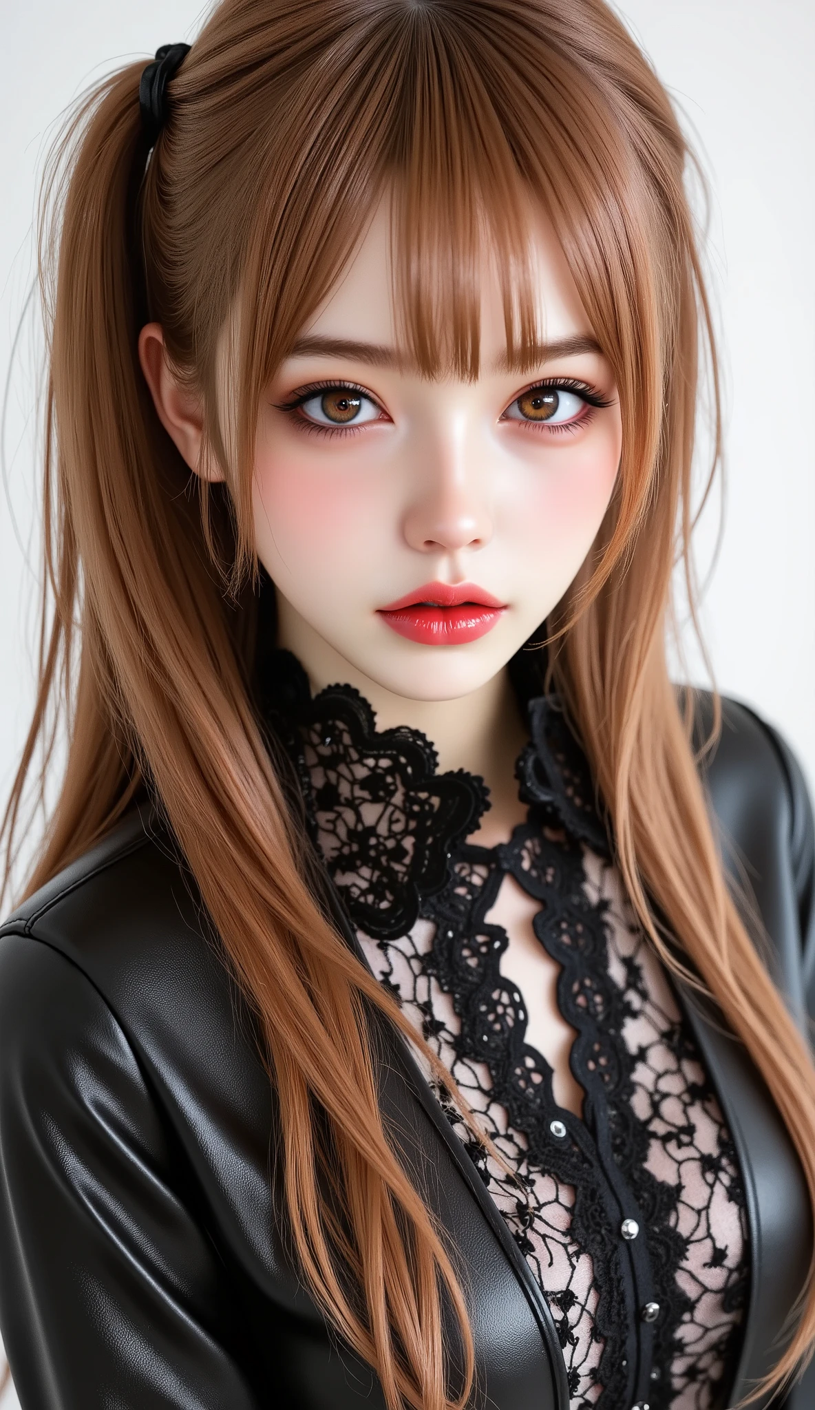 [Style: - "8k, masterpiece, realistic, Photorealistic realism, Hyper high resolution" - "highest quality, intricate ultra-detailed digital art"] (Key Directive: - "The priority is the anatomical accuracy and texture of the materials" - "Ultra-sharp human eyes with biological accuracy") {Character: "a beautiful girl, [Rosé from blackpink((firm and full breasts))]" | Face: "full lips, red lipstick, intense gaze" | Eyes: - "((sharp focus, no blurry eyes, Hyper absurd quality, Hyper details, Hyper realistic brown eyes:1.4))" - "((extra narrow eyebrows))" - "(Carefully draw Long blue_mascara:1.2)" - "(perfect round eyes)" | Hair: "long hair, red hair, curls at the ends of the hair, hair above one eye,((long combed to the side))" | Pose: "elegant pose" Outfit: [Top: "modest office suit {black,elegant,leather}, (shiny accessories)" | laced white undershirt" | (Shoes: "high heels (black leather)"] Environment: "((Mt. Fuji tori))" Lighting: "studio lighting, monochromatic, striking contrast, dramatic shadows" (Rendering engine: "Unreal Engine 5 path tracing, 16K texture maps") | The ultra-Highres,Unreal 5,Subsurface scattering,PBR Texturing,Post-Processing,Anisotropic Filtering,depth of fields,Maximum Sharpness and Sharpness,multi-layered texture,Albedo and Specular maps,Surface Shading,Precise simulation of light-material interactions,perfectly proportions,Octane rendering,Two-tone illumination,Wide Aperture, low ISO, white balance, The rule of thirds