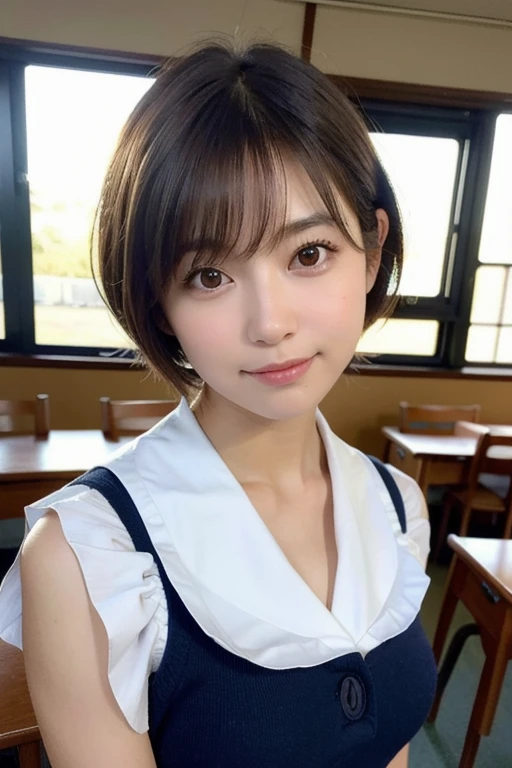 ((Layered Haircut、Huge boobs:1.2)),(8k,Highest quality),Full Body Shot,Winching from a distance,Shots from a distance,School classroom,student,class,Play the game,White collared shirt、Wear a JK skirt,Full body photo:1.9, Android, Adorable, smile, Thin face, Short fine hair, 32K, masterpiece, Best image quality,Ultra-high resolution,Perfect hands,Looking_in_peeping in the viewer,