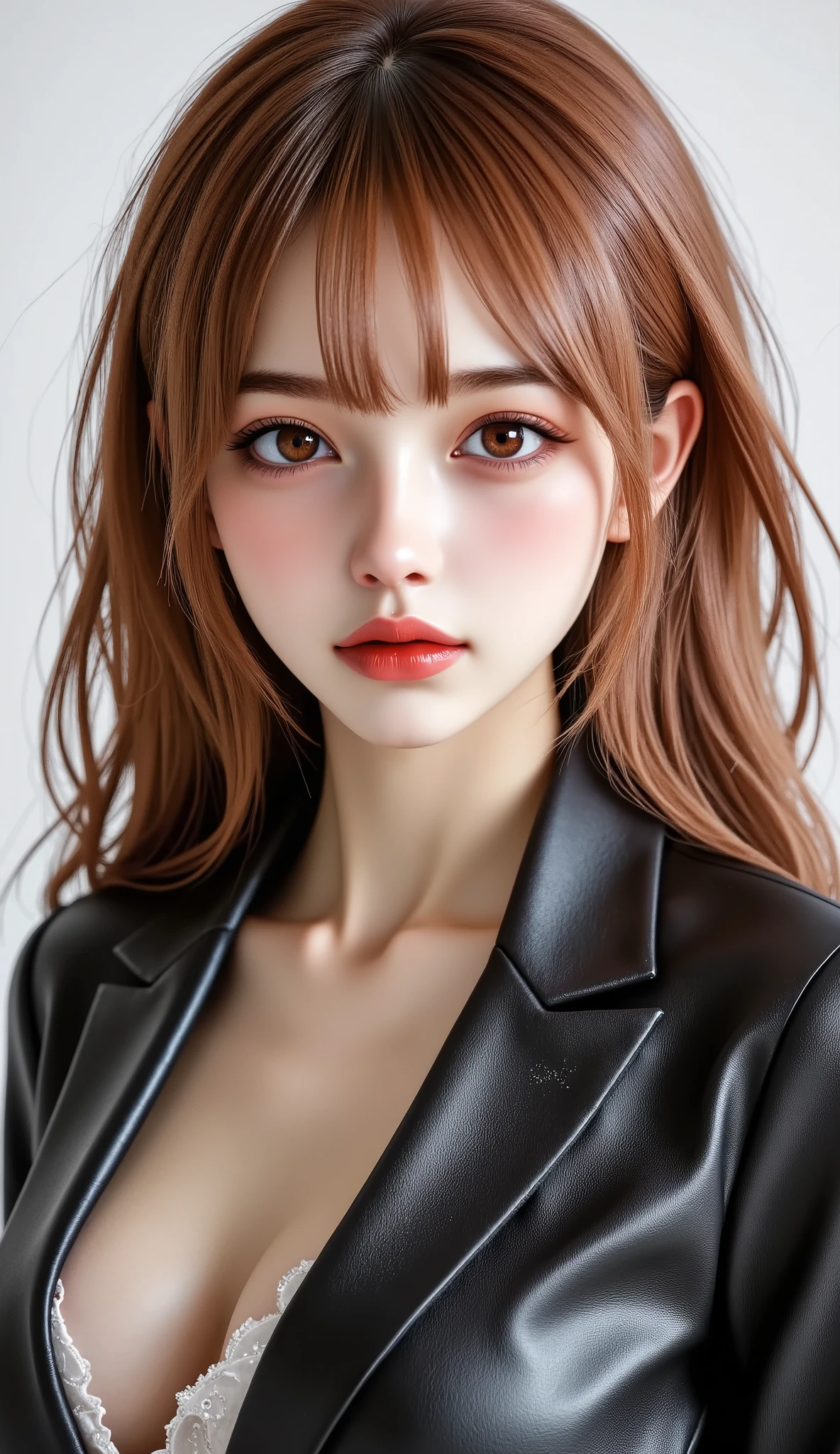 [Style: - "8k, masterpiece, realistic, Photorealistic realism, Hyper high resolution" - "highest quality, intricate ultra-detailed digital art"] (Key Directive: - "The priority is the anatomical accuracy and texture of the materials" - "Ultra-sharp human eyes with biological accuracy") {Character: "a beautiful girl, [Rosé from blackpink((firm and full breasts))]" | Face: "full lips, red lipstick, intense gaze" | Eyes: - "((sharp focus, no blurry eyes, Hyper absurd quality, Hyper details, Hyper realistic brown eyes:1.4))" - "((extra narrow eyebrows))" - "(Carefully draw Long blue_mascara:1.2)" - "(perfect round eyes)" | Hair: "long hair, red hair, curls at the ends of the hair, hair above one eye,((long combed to the side))" | Pose: "elegant pose" Outfit: [Top: "modest office suit {black,elegant,leather}, (shiny accessories)" | laced white undershirt" | (Shoes: "high heels (black leather)"] Environment: "((Mt. Fuji tori))" Lighting: "studio lighting, monochromatic, striking contrast, dramatic shadows" (Rendering engine: "Unreal Engine 5 path tracing, 16K texture maps") | The ultra-Highres,Unreal 5,Subsurface scattering,PBR Texturing,Post-Processing,Anisotropic Filtering,depth of fields,Maximum Sharpness and Sharpness,multi-layered texture,Albedo and Specular maps,Surface Shading,Precise simulation of light-material interactions,perfectly proportions,Octane rendering,Two-tone illumination,Wide Aperture, low ISO, white balance, The rule of thirds
