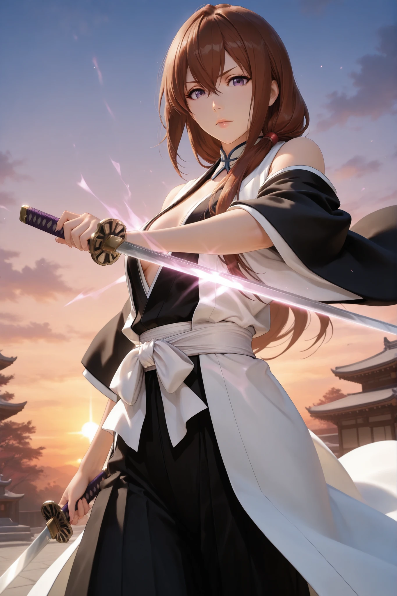 masterpiece, beautiful, detailed, 4k, HD, perfect lighting, best quality, score_9, score_8_up, score_7_up, score_6_up, 3d art, detailed face, very detailed, semi realistic, intricate, hyper detailed, volumetric shadows, cowboy shot,
,mature woman, makise kurisu, hair between eyes, hair over shoulder, long hair, purple eyes, chestnut brown hair, straight hair, mature female, bare shoulders, small breasts, black kimono, haori, bleach haori, white haori, bleach taichou, taichou,
,confident pose, looking at viewer, confident look,
, outdoors, golden hour, sunset, masterpiece, ultra-detailed, 4k, hd, perfect lighting, best quality, detailed face, realistic texture, perfect hands, Archer from Fate series, white hair, sharp and confident expression, wearing a red and black combat outfit with intricate details, dual-wielding swords, standing in a dynamic pose, ethereal and dramatic background with glowing magical symbols, artistic Japanese style, vivid colors, powerful and mysterious aura
,