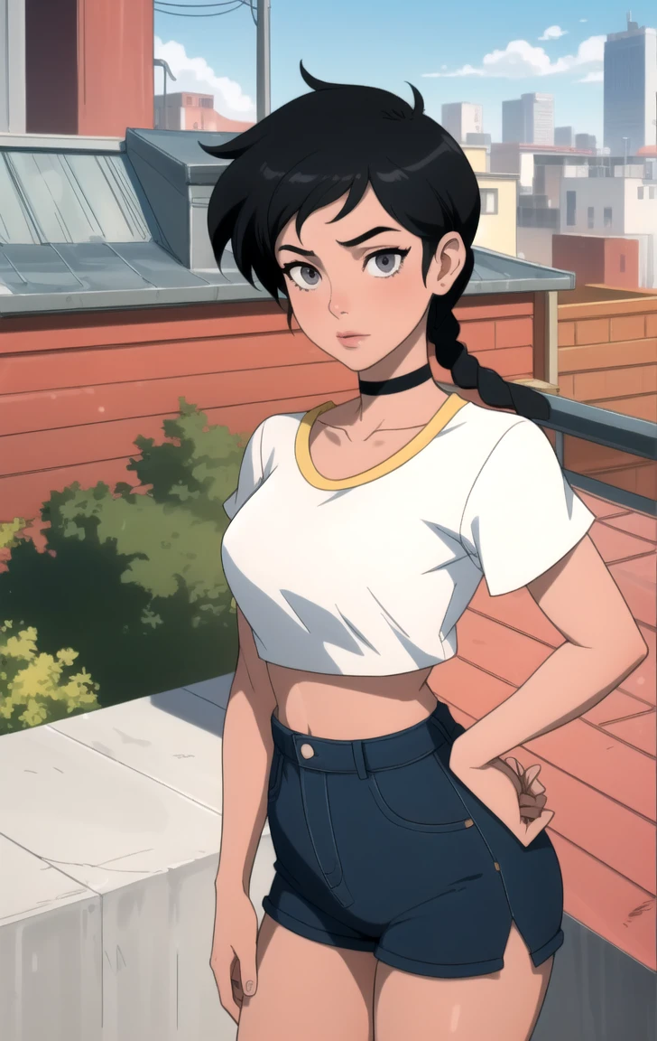 ((ultra quality)), ((masterpiece)), Lois Lane, ((black short hair tomboy hairstyle)), (Beautiful face), (beautiful female lips), (), charming, ((sexy facial expression)), looks at the camera, eyes slightly open, (Dark skin color), (dark skin), glare on the body, ((detailed beautiful female eyes)), ((dark brown eyes)), (juicy female lips), (dark eyeliner), (beautiful female hands), ((ideal female figure)), ideal female body, beautiful waist, gorgeous thighs, beautiful medium breasts, ((subtle and beautiful)), sexy worth (), (White shirt, Black jeans) background: office, ((depth of field)), ((high quality clear image)), (clear details), ((high detail)), realistically, professional photo session, ((Clear Focus)), anime
