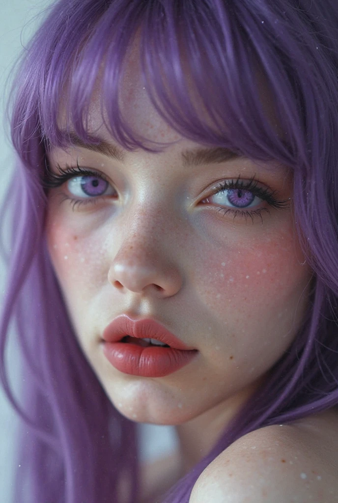 (32k) 16K, 8 thousand, 4K, has a super exquisite face, tiny mouth, Lip Bite Makeup, Sissy, purple hair, purple eyes, high resolution, perfect pubic. Portrait.