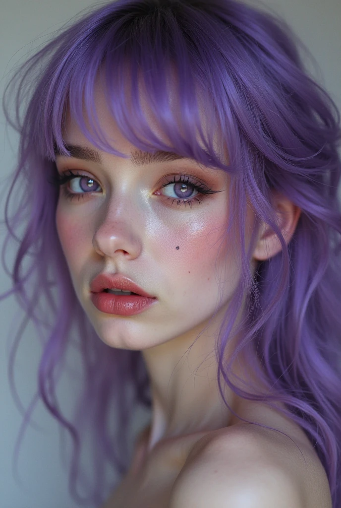 (32k) 16K, 8 thousand, 4K, has a super exquisite face, tiny mouth, Lip Bite Makeup, Sissy, purple hair, purple eyes, high resolution, perfect pubic. Portrait.
