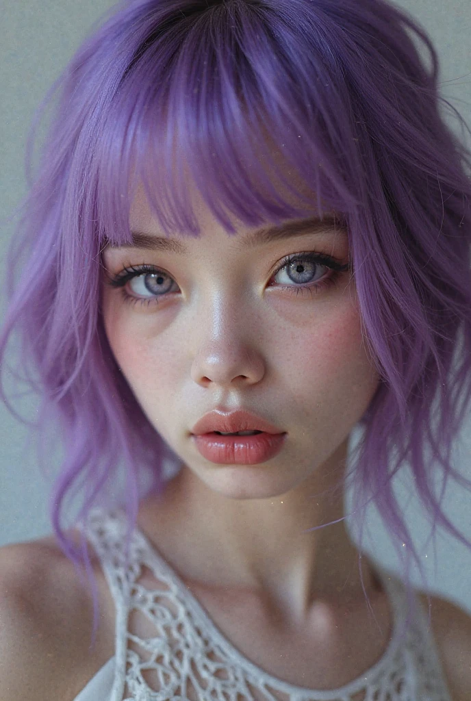 (32k) 16K, 8 thousand, 4K, has a super exquisite face, tiny mouth, Lip Bite Makeup, Sissy, purple hair, purple eyes, high resolution, perfect pubic. Portrait.