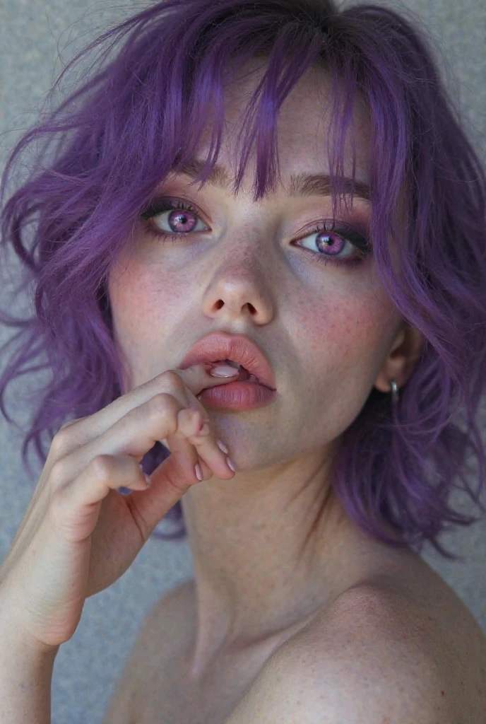 (32k) 16K, 8 thousand, 4K, has a super exquisite face, tiny mouth, Lip Bite Makeup, Sissy, purple hair, purple eyes, high resolution, perfect pubic. Portrait.