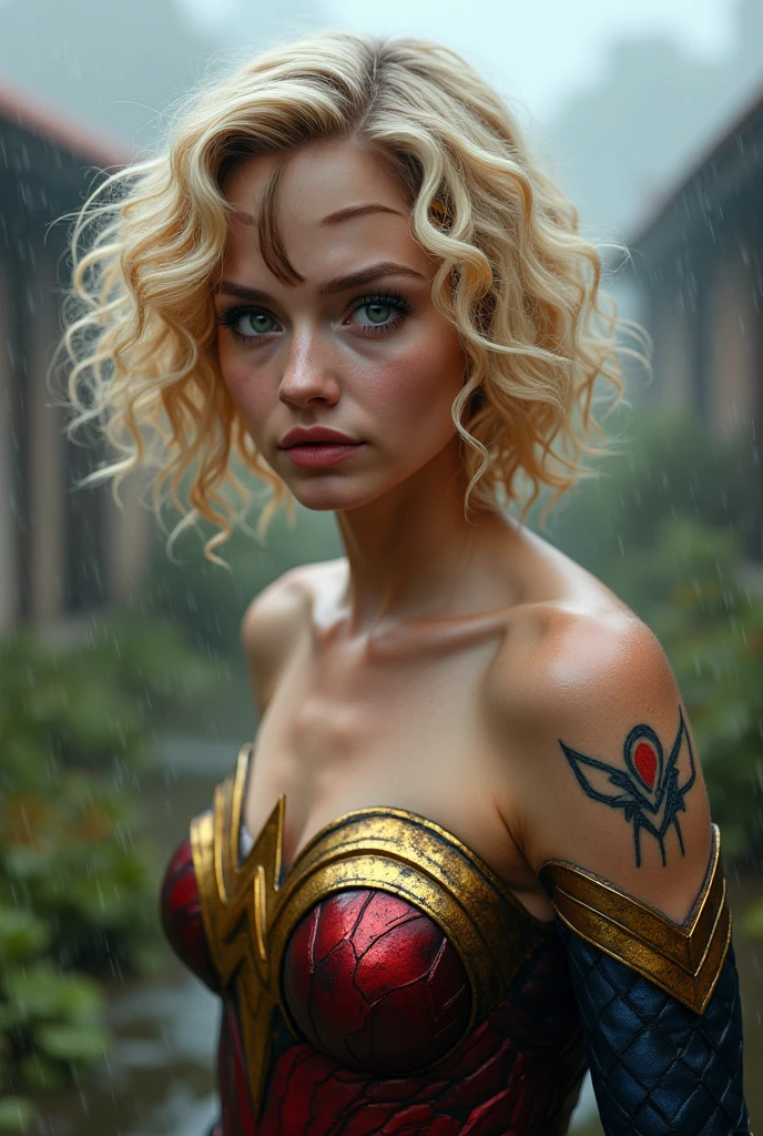 Beautiful Magical Girl,18 Year Old Blonde Girl with Short Curly Hair,Wonder Woman look, pretty face,Combat posture,Rainy Day Roof,Masterpiece-like Delicate Details,perfect anatomy,4k高清,extreme hight detail,Realistic Feel,Professional-grade rendering,vivid colors,bokeh effect
