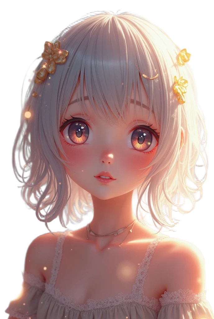 whaite hair, Mole under the eye, Scleral mismatch, Heterochromia, Blush, the shy, laughingly, bell, ray tracing, god light, The light from the back window is backlighted, Glowing lights, anime style  