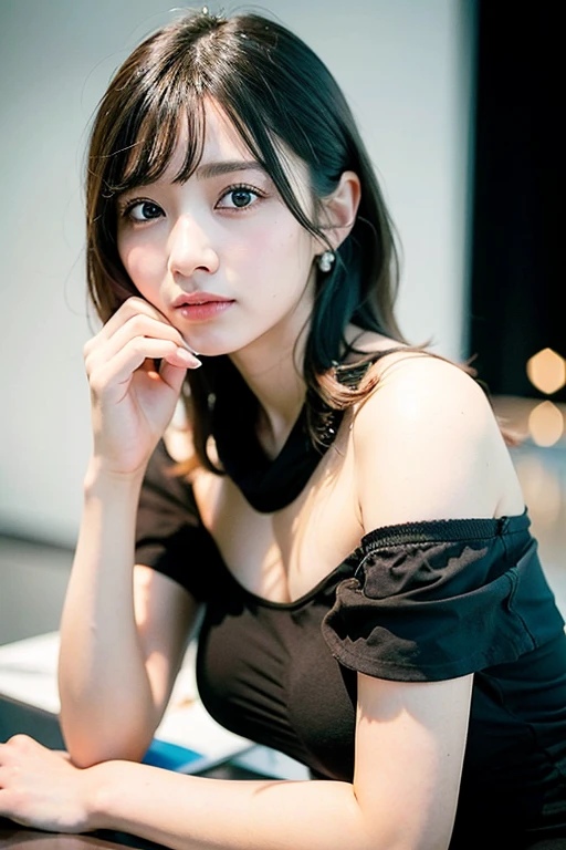 Best Quality,  Ultra High Resolution, (photographrealistic:1.4), 1girl, Off-shoulder white shirt, black tight dress, black necklace, (faded gray hair:1), (big :1.2), looking at the audience, close-up ,