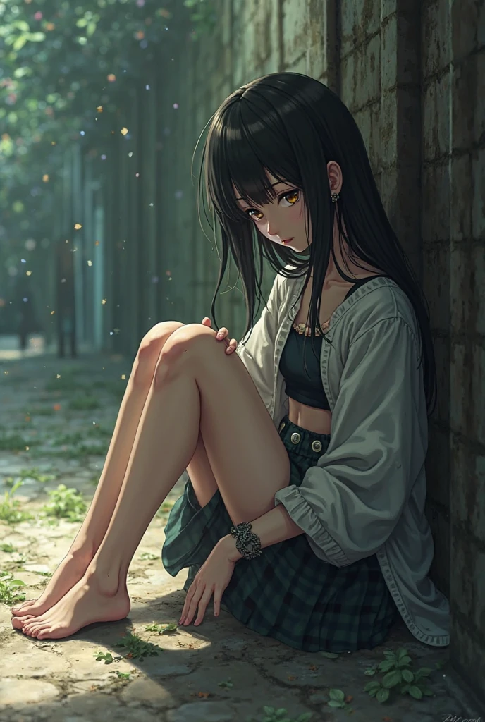 ((highest quality)), ((masterpiece)), (become familiar with), perfect face is sad　Are crying　girl　dark room　one piece　tears　sitting　look down　anxious face　Are crying　black hair　I'm looking straight over here