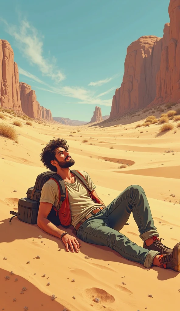 A muscle-relaxing Peruvian on a Vinicunca mountain in a drawn style 