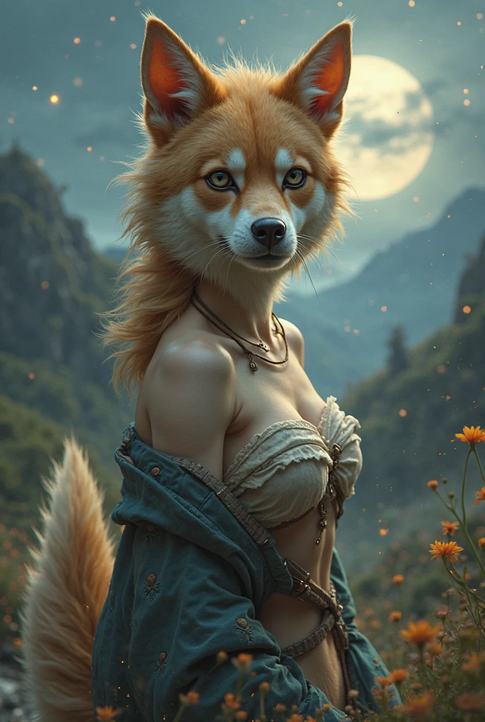 ultra-detailed, realistic, 4k, masterpiece:1.2, highres, vivid colors, bokeh, professional, HDR, sharp focus, studio lighting, ultra-fine painting, physically-based rendering, full lips, pronounced feminine feature, busty, woman A render of a fearless fighter, a boho woman with a high ponytail of blonde hair transitioning to vibrant ginger and red streaks, leaping between neon-lit rooftops. Her teal-colored top with elaborate Celtic patterns and intricate silver jewelry glimmers in the city lights. A large, ethereal wolf with striking white fur and glowing orange markings, known as Button, is her companion. The gritty graffiti punk backdrop adds to the urban decay and vibrant graffiti, creating a visually striking contrast. Swirling smoke envelops the chase, adding dynamism and mystery to this electrifying pursuit. The fusion of fashion, illustration, and dark fantasy creates an intense, rebellious vibe, charged with creative energy., photo, vibrant, illustration