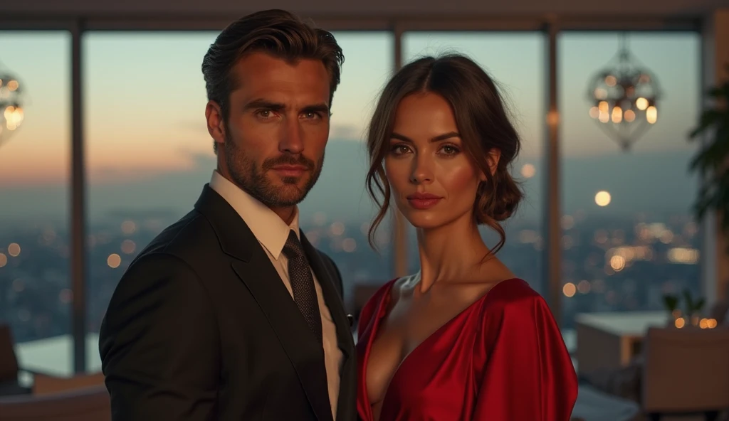 Frame a breathtaking aerial shot of Wonder Woman and the Hulk, standing atop a majestic cliff overlooking a vibrant cityscape. Utilize a DJI Inspire 2 drone with a Zenmuse X7 camera, pairing it with a 24mm prime lens to capture a wide-angle view that encompasses both the couple and the sprawling metropolis. Embrace the warm glow of sunset, allowing the golden hour light to bathe the scene in a romantic ambiance. Incorporate a vibrant color palette inspired by the comic book origins of both characters, infusing the image with bold and vivid tones. Capture the majesty of their unique bond in hyper-realistic detail, ensuring every part of their elegant attire is impeccably showcased in this high-resolution 16k image.