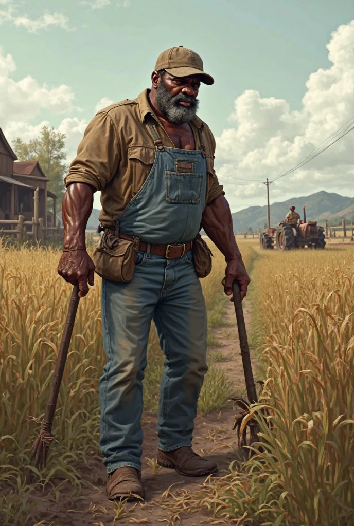 masterpiece, best quality, one muscular farmer daddy, rough, dirty, mean, bully, druggie, (farm background), realistic, realistic lighting, sunny atmosphere, intricate detail, penis out,