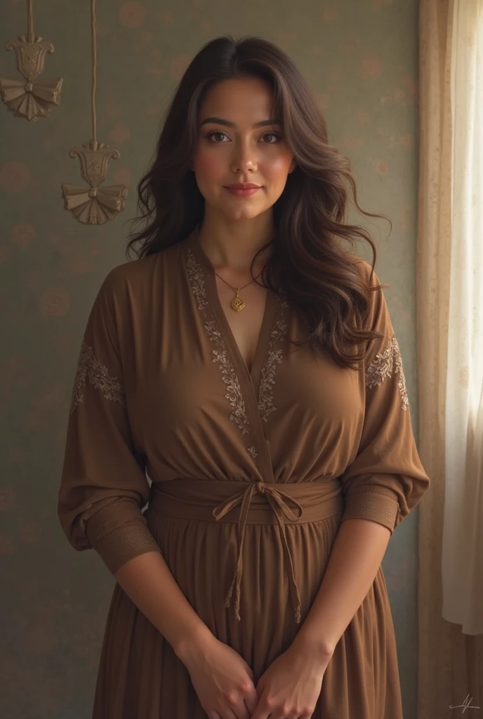 1girl in, age 44, Square face, Long hair, Looking at Viewer, jewelry, Realistic, A sexy, Maxi dress outfits, multicolored outfits, Vintage room background, free pose