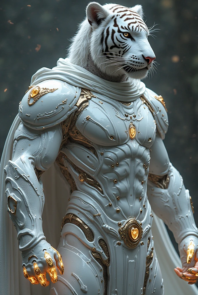 Prompt: A superhero named "White Lion" wearing a sleek, white, form-fitting suit with subtle, metallic sheen and armor accents. The suit features a stylized white lion emblem on the chest. His face is covered by a mask that is more human-like, with a defined jawline, human-shaped nose and mouth, and angular, sharp features. The mask has glowing eyes with a slight luminescence. The mask retains faint lion-like engravings but looks predominantly human. The superhero wears a white hood with fur lining, covering most of the head, and subtly integrated ears that don't protrude much. His gloves are equipped with retractable claws, and a flowing white cape is attached at the shoulders. The overall costume blends human features with lion-like aesthetics, exuding power and mystery. The background is dark to highlight the reflective qualities of the suit.