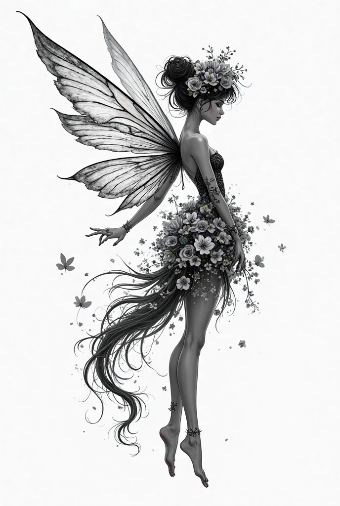 A captivating and conceptual artwork by T. Mann NYC, featuring a mesmerizing woman with pure black skin and striking white hair. She is gracefully adorned with vivid white floral patterns that extend from her head to her back has large magnificent white and black butterfly wings. stunning and creating a breathtaking silhouette. The minimalistic background allows her striking design to take center stage, while the skillful blend of artistry and elegance creates a visually stunning masterpiece. This enchanting illustration leaves a lasting impression on viewers and highlights the artist's exceptional talent., ukiyo-e, vibrant, conceptual art, cinematic, anime, wildlife photography, photo, portrait photography, fashion, typography, painting, product, poster, illustration, architecture, 3d render, dark fantasy, graffiti