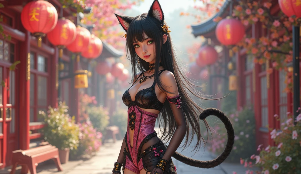 beautiful photorealistic photograph of a cyberpunk catgirl with long multicolor hair and swishing tail, ((Best quality)), ((masterpiece)), (detailed: 1.4), depth of field f/2.8,