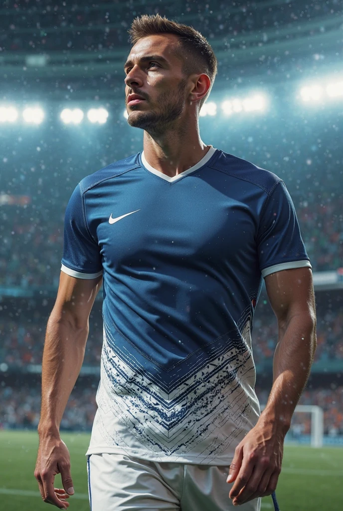 Create a men's cheer uniform with royal blue colors, light blue and white, With pants