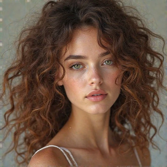 A photorealistic portrait of a young European female model with big, curly brown hair, wearing fashionable street clothes