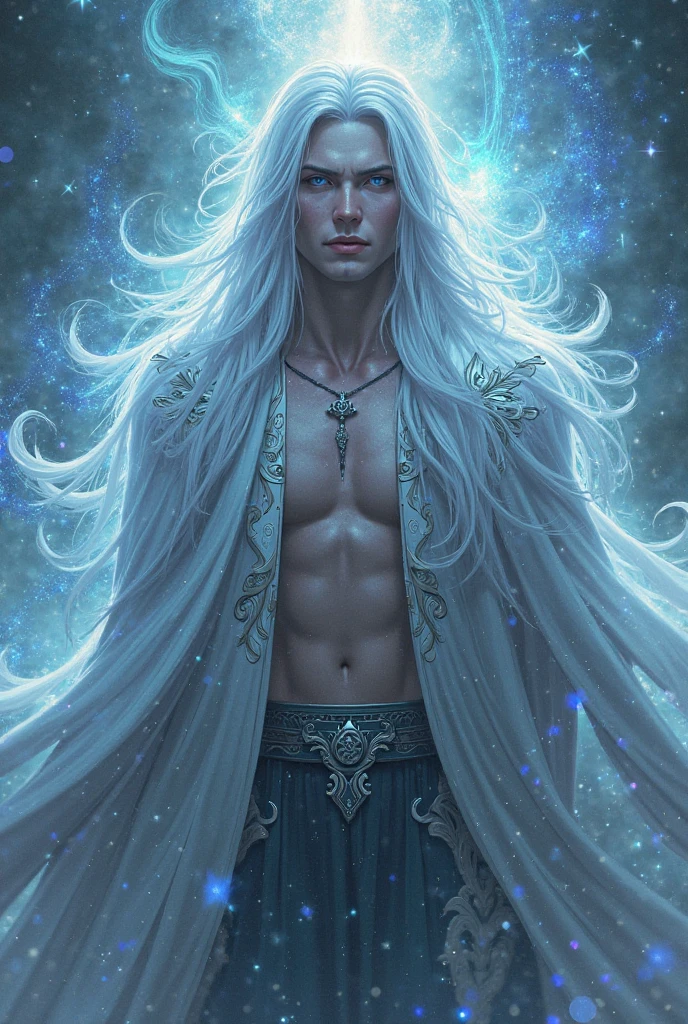 Appearance: Aelwin is tall and slender, with an imposing presence. His skin is pale as fresh snow, contrasting with his icy blue eyes that seem to penetrate the soul. His hair is long and silver, shining like ice in the sunlight. He wears a white cloak embroidered with silver thread and ice crystals, which seems to sparkle with every movement.