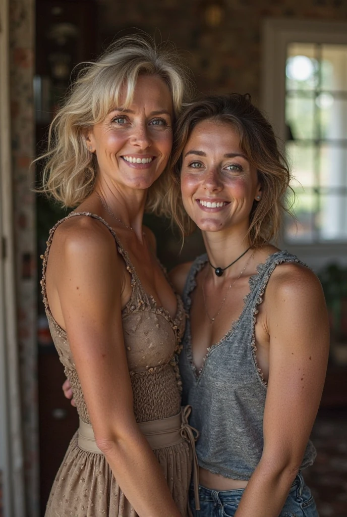 2heads, two headed girl, mom and daughter, (different ages:1.5), (one torso:1.5), (female:1.5), (Irish:1.5), (two heads attached to one body:1.4), conjoined twins, heads side by side, one body, young, uncomfortable, barefoot
